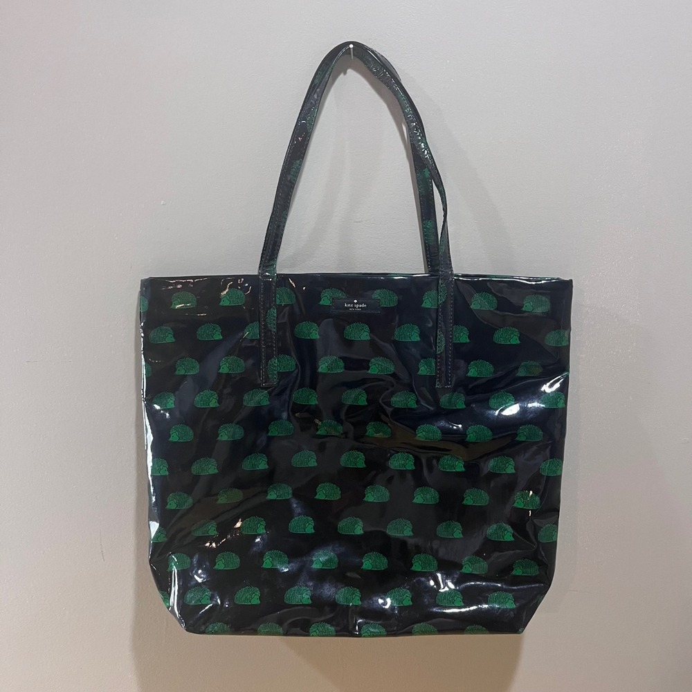 Kate Spade Hedgehog Print Vinyl Tote Bag Black Green Whimsical Preppy Shoulder